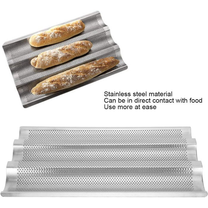 BuyWeek Baguette Baking Sheet, 3-Groove Stainless Steel Baguette Baking Mold French Bread Baking Sheet Pan Kitchen Baking Tool Silver