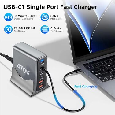 Зарядний пристрій Arceli USB-C 10 портів GaN III 470W PD QC4.0 для iPhone 16/15/14 Pro Max, Samsung Galaxy, MacBook, планшетів, ноутбуків