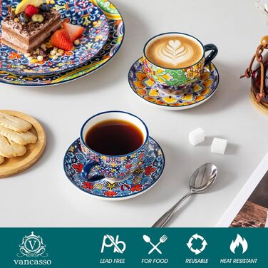 Набір кавових чашок капучино Vancasso SIMI (6 шт.) з блюдцями, 240 мл - фарфоровий посуд для 6 осіб, мікрохвильова піч, богемський стиль