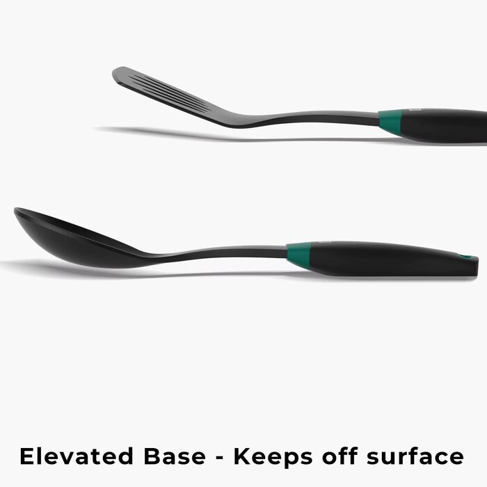 Linoroso Cooking Spoon Set - 6-Piece Nylon Kitchen Utensils - Cooking Utensils, Cookware, Cooking Utensils Set with Swivel Stand and Innovative Weighted Handle - Black & Peacock Green