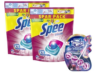 Набір для прання та свіжості: Капсули Spee Power Caps Color для кольорового та темного прання (120 шт) та освіжувач для унітазу WC FRISCH Spa Momente Harmonie (50 г)