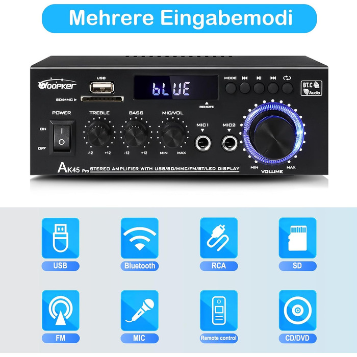 AK45 Pro HiFi підсилювач WOOPKER Mini, 500Вт, 2-канальний, Bluetooth, HiFi стерео з FM-радіо, USB, SD, RCA, MIC, аудіо ресивер для дому та авто