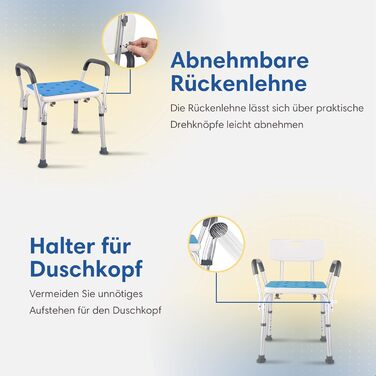 Safe Age® Shower Stool with Removable Backrest and Armrests - Non-Slip - Height Adjustable - Shower Stool for Seniors