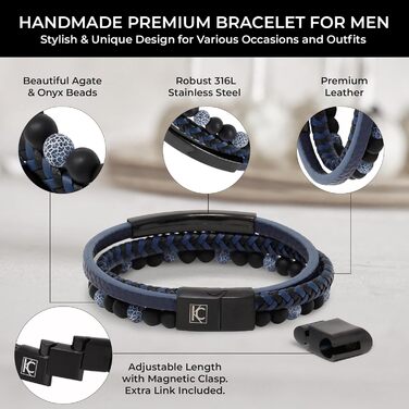 Браслет чоловічий шкіряний з тигровим оком та лавовим каменем, ручної роботи, з гравіюванням, регульований магнітний замок (синій)