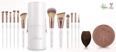 Luvia Prime Vegan Pro Makeup Brush Set - 12 Brushes, Blender Sponge, Cleaning Mat - Pearl & Coffee