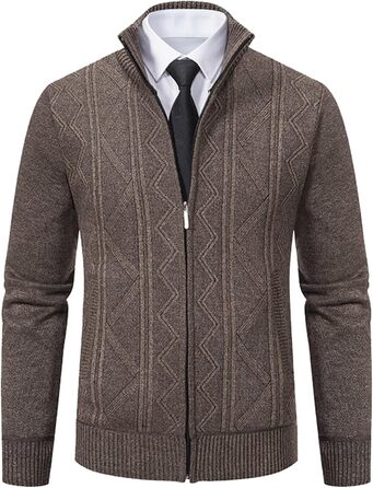Кардиган чоловічий на блискавці з кишенями, в'язаний, з довгими рукавами, Regular Fit, теплий, класичний, для осені та зими (M, Кофе)