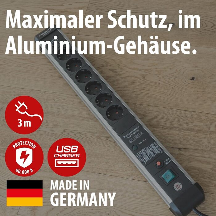 Бренненштуль Premium-Protect-Line Мережевий фільтр 6 виходів з USB та захистом від перенапруги (розподільник з вимикачем, 3м кабель, 2 USB 3.1A, Made in Germany) Сріблястий/чорний
