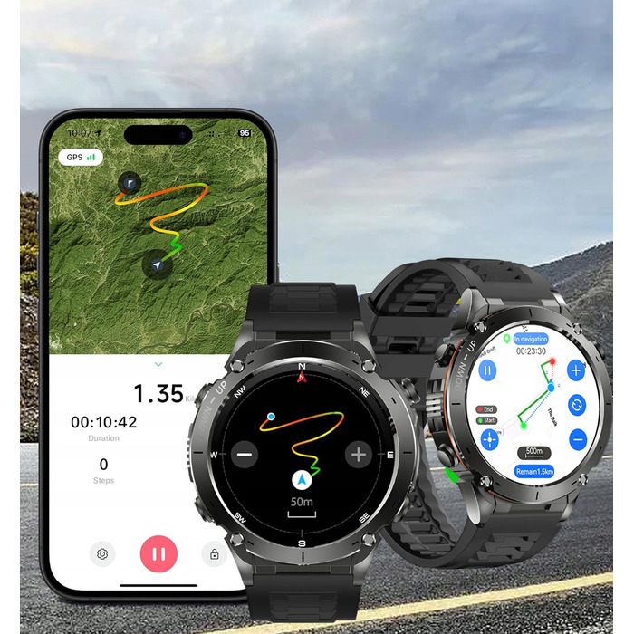 Смарт-годинник Lazird зі вбудованим GPS, акумулятором 730 мАг, ліхтариком та барометром, чорний