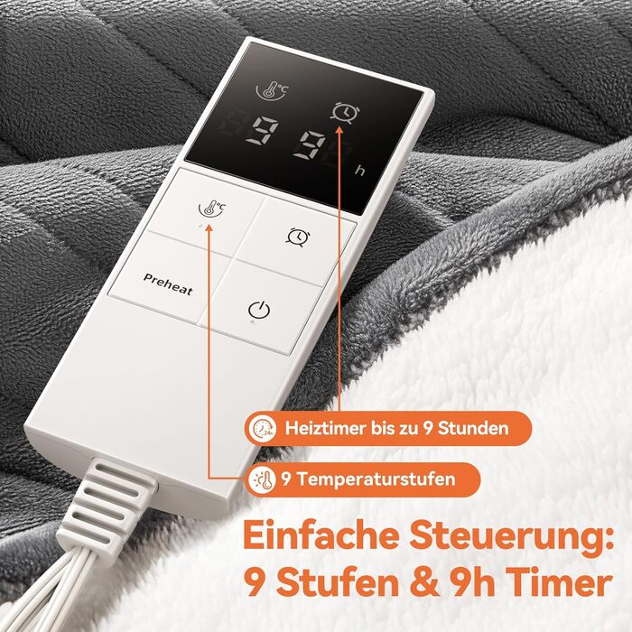 Електрична гріюча ковдра з 9 зон нагріву, таймером та функцією пам'яті, 160x120 см. Двостороння фланель та штучне хутро. Для 1 особи/дивану