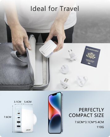 Універсальний адаптер LENCENT з USB зарядкою 45W, 4 порти (2x USB-A, 2x USB-C) - EU/US/UK/AU