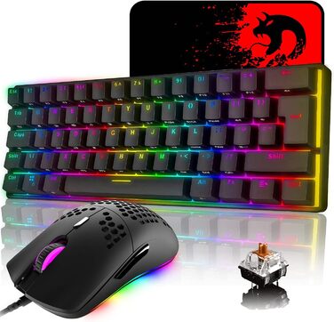 Ігровий комплект клавіатури та миші MK21: механічна клавіатура 60% з RGB підсвічуванням, миша 6400 DPI та килимок для миші. Сумісна з PS4, Xbox, PC. Чорний/Blue Switch (Black-Brown)