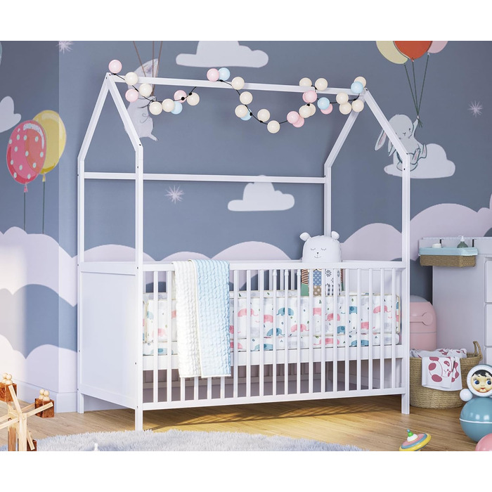 Bellabino Nika Babybett in House Style 70 x 140 cm, crib and house bed for children and babies made of solid pine wood in white, 3-fold height adjustable including slatted frame