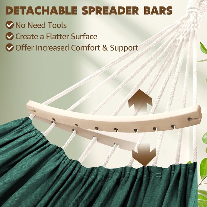 Chihee Hammock - Cotton, Large, Soft, Breathable Camping Hammock - Holds up to 300kg - Portable Tree Hammock with Detachable Spreader Bar, Head Pillow, 2 Strong Straps, 2 Carabiner Hooks (Dark Green)