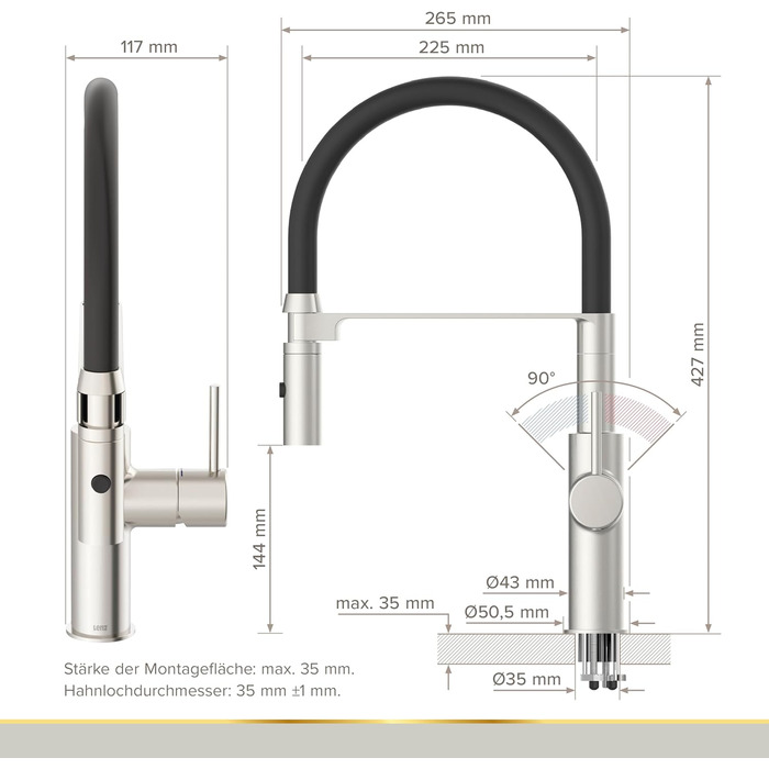 Кухонний змішувач Lenz NALU нікель-матова поверхня, висувна насадка, 2 режими, економія води, антифотковідбиток, монтаж зверху, артикул 46070422