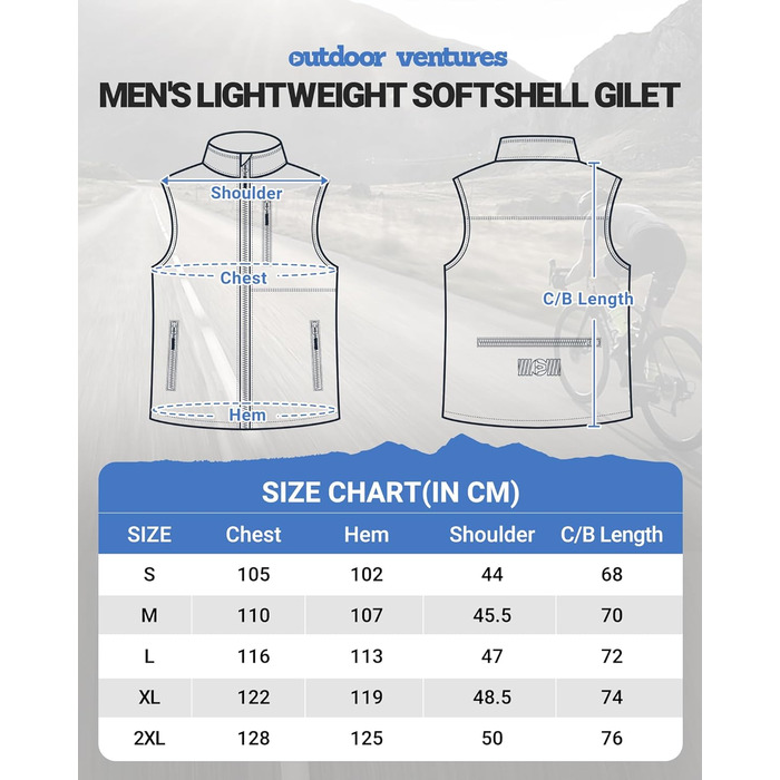 Чоловіча розтягувана жилетка Outdoor Ventures Softshe - водонепроникна, вітрозахисна, для їзди на велосипеді, M, середньо-блакитна
