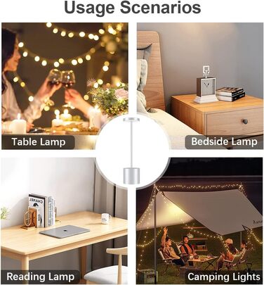 LED акумуляторна настільна лампа бездротова, 5000mAh, USB-зарядка, регулювання яскравості, 3 режими кольору, для дому та відпочинку на свіжому повітрі – срібна