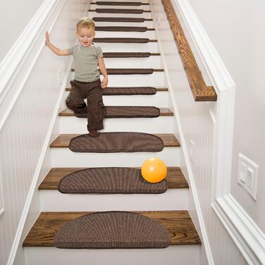 Anti-Slip Stair Treads - 15 Piece Set - 22x65 cm - Adhesive, Non-Slip Carpet for Wooden Stairs - Beige-Brown