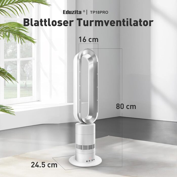 Безлопатевий вентилятор-нагрівач TP18Pro 2-в-1: охолодження та обігрів, 10 режимів охолодження, 3 режими обігріву, дистанційне та сенсорне керування, тихий та енергоефективний DC-двигун