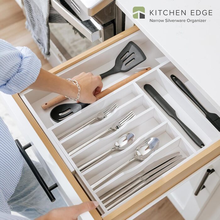 Органайзер для столових приборів KitchenEdge, розширюваний, для вузьких кухонних шухляд, 9 відсіків, антиковзкі ніжки, безпечний для їжі, білий