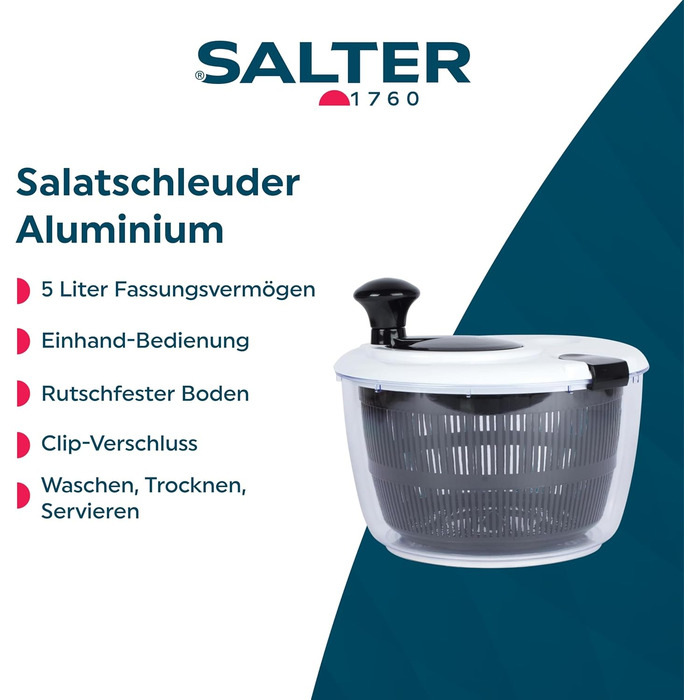 Салатниця Salter 3,5 л – миття, сушіння та подача, кухонний сушар для салату, неслизька основа, з дресінгом, подвійна функція сушіння, здорове харчування, свіжий салат, чорний (5л)