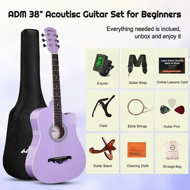 Акустична гітара ADM 38 дюймів для початківців: повний стартовий набір з онлайн-уроками, кейс, ремінь, медіатор, каподастр та підставка