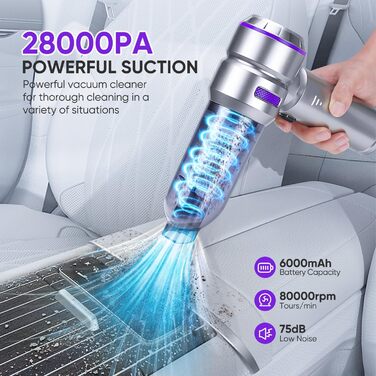 Акумуляторний портативний пилосос для авто та дому 26000Pa, міні пилосос бездротовий для офісу, шерсті тварин, кемпінгу (срібно-фіолетовий)