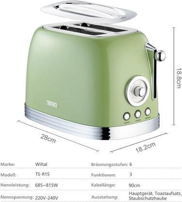 Електричний чайник та тостер-сет Retro з нержавіючої сталі, 2200 Вт, 1.8 л, для чаю, кави, дитячого харчування, без BPA, зелений