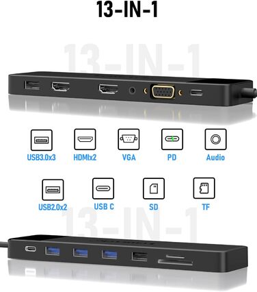 Lemorele USB-C хаб 14-в-1: док-станція з 3 портами дисплея (2 HDMI 4K + VGA), 5 USB-портів (3x USB 3.0), 100W PD, SD/TF кардрідер, аудіо, сумісна з MacBook, Dell, Windows