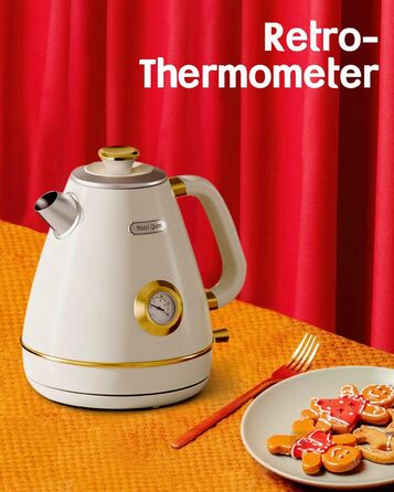 Електричний чайник Rudy Retro з термометром, нержавіюча сталь, 1.7 л, 2200 Вт, без пластику, автоматичне відключення, Vintage-дизайн (Перламутровий)