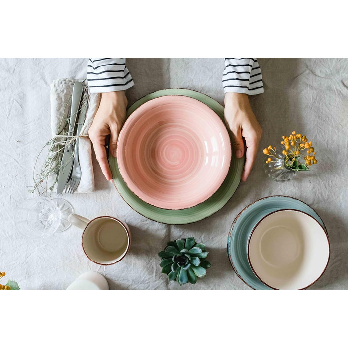 MÄSER Bel Tempo II: Набір посуду вінтажний, 16 предметів, для 4 осіб, кераміка ручної роботи, зелено-блакитний