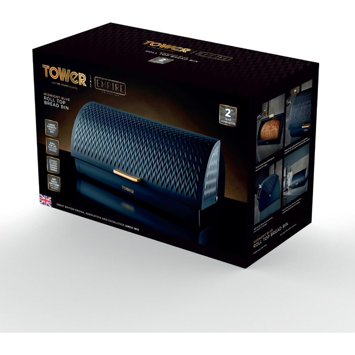 Хлібниця Tower Empire з кришкою-роликом, нержавіюча сталь та латунь, синій колір Midnight Blue