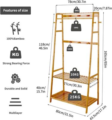Bamboo Coat Rack, Clothes Rack with 3 Shelves and 10 Hooks, Clothes Rail, for Hallway, Living Room and Office, 80x43.5x165cm