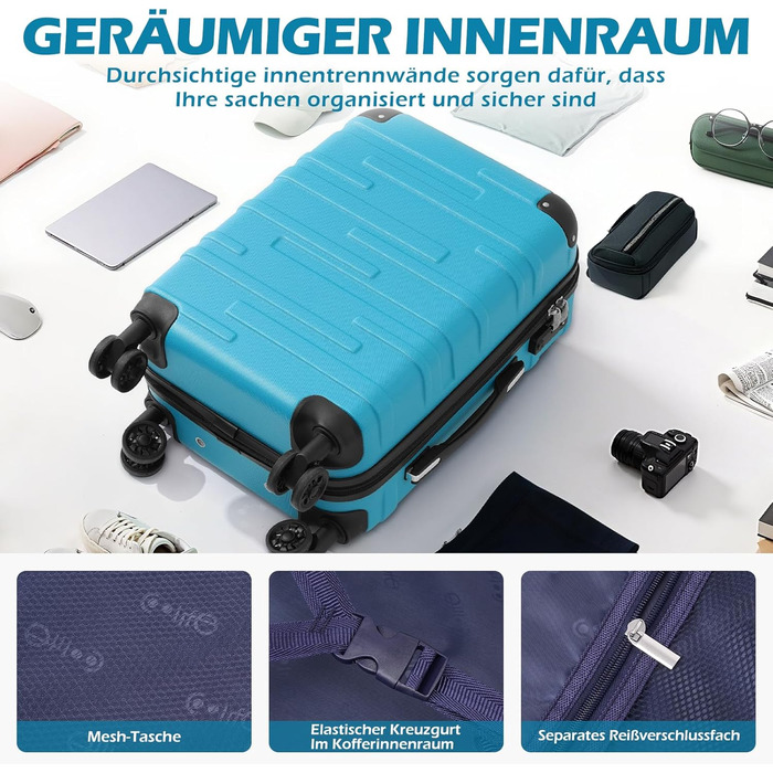 Валіза COOLIFE з ABS пластику, розширювана, з TSA замком та 4 колесами, туркіс-зелена, для ручної поклажі