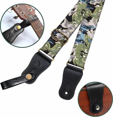 Японський гітарний ремінь Nefelibata з бавовни для акустичної гітари та укулеле, адаптер для голівки грифа, медіатори, регульована довжина 38'-64', візерунок дракона