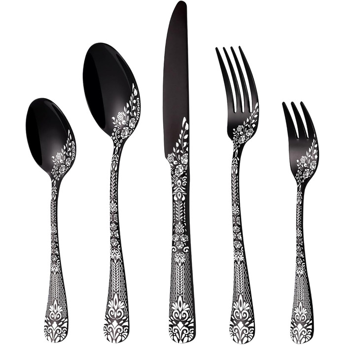 Black Cutlery Set for 6 People, HONKKU 30-Piece Stainless Steel Cutlery Set, Dining Cutlery Set Mirror Polished with Floral Patterns, Fork Spoon Knife Set Dishwasher Safe