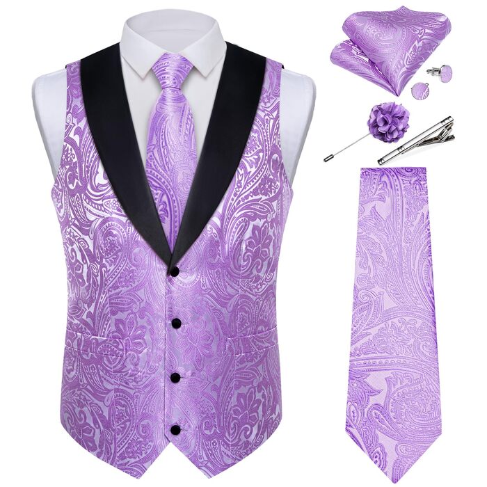 Костюм чоловічий DiBanGu 7-частинний: жакардовий піджак, жилет, краватка, кравецький комірець, сорочка, штани, для весілля, свят, мокінгу. Золотистий та чорний (S, Фіолетовий)