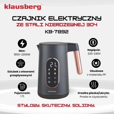 Електричний чайник Klausberg KB-7892, 2200 Вт, 1,7 л, чорний
