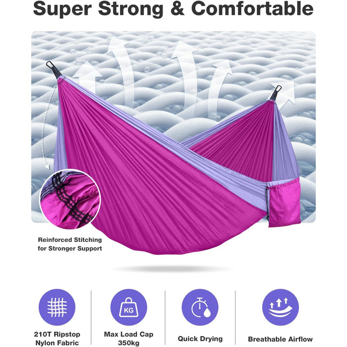 Гамак дорожній подвійний 295x140 см, рожево-ліловий, вантажопідйомність 350 кг - з карабінами та ременями для кріплення