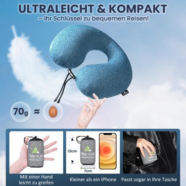 Подушка для шиї HIKENTURE надувна для подорожей літаком/поїздом з чохлом, синього/темно-синього кольору. Надувна подушка для шиї, зручна для дорослих.