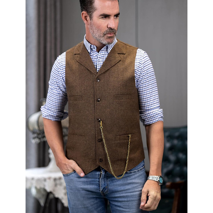 Костюм-тріо чоловічий твід вінтажний з жилетом Туікайо, Herringbone, вовна, XL, коричневий