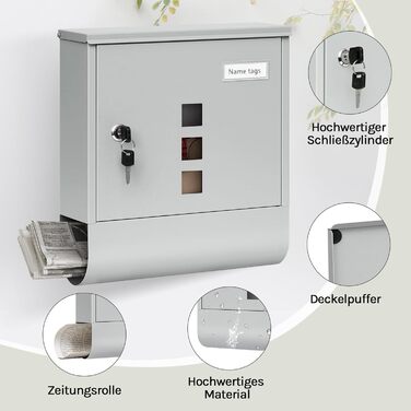 Поштовий ящик WOLTU з газетницею, оглядовим вікном та табличкою для імені, настінний, замикається на ключ (2 ключі), сучасний, сірий (30,5x33,5x9 см)