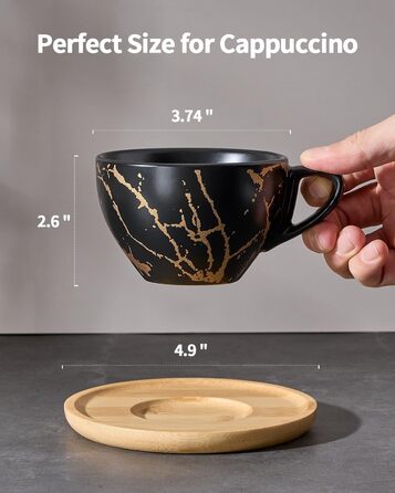 Набір керамічних чашок капучино HOME DECOR 4 шт., 220 мл, з металевим підставкою. Підходять для капучино, лате, американо та чаю. Чорний та білий дизайн