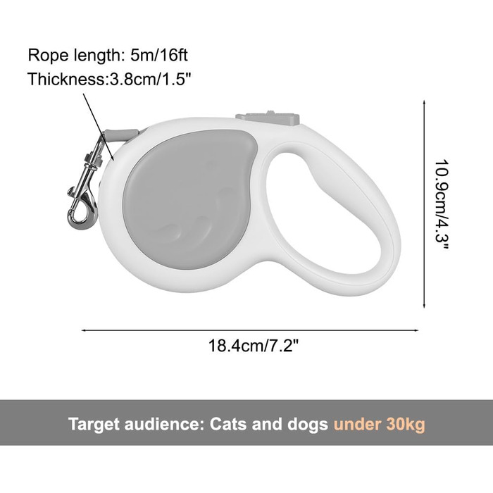Рулетка для собак, 4.8м, міцна з поворотним гачком 360° та LED-підсвіткою, для собак та котів до 30кг, зелений (сірий)