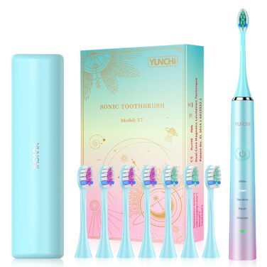 Електрична зубна щітка YUNCHI C2 з 40000 VPM, звукова щітка для дорослих, зарядка USB-C, 55 днів роботи від акумулятора, 5 режимів чищення, таймер 2 хвилини, 8 насадок, дорожній футляр, чорний (Ycyc-y7 Blue)