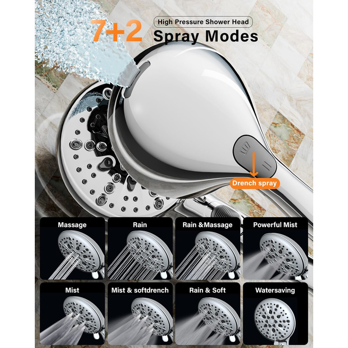 Cobbe Shower Head - Water-saving, pressure-boosting with stop function, handheld shower with 7+2 spray patterns, shower head with strong jet for cleaning bathtub made of ABS, Chrome