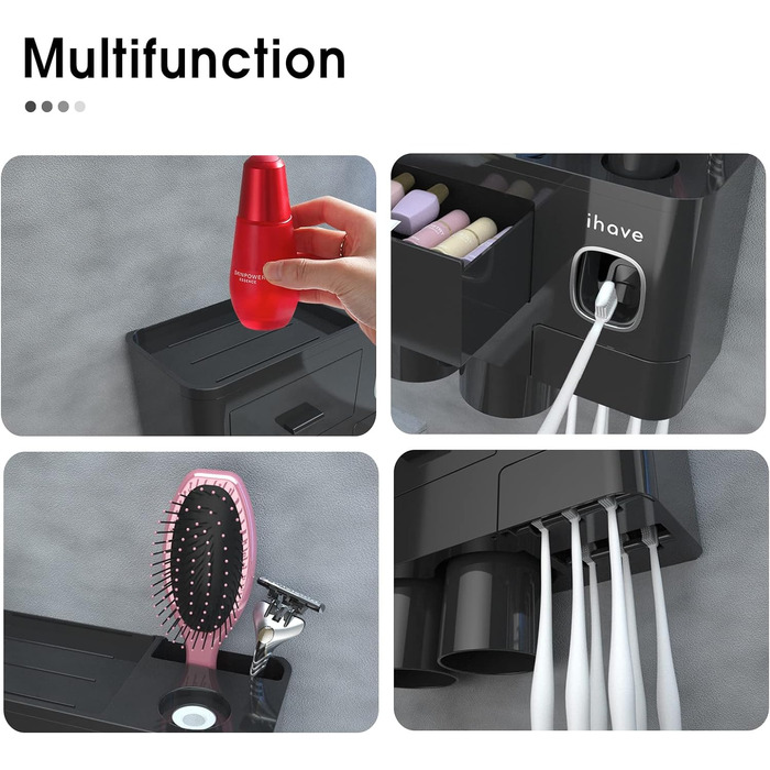 iHave Toothbrush Holder Wall Mount Black, Bathroom Toothbrush Holder with Toothpaste Dispenser, 2 Cup Toothbrush Holder with Drawer, Large Capacity Toothbrush Organizer Bathroom