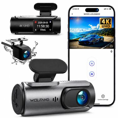 Автомобільний відеореєстратор WOLFANG 4K з Wi-Fi, передня та задня камери, підтримка 24-годинного моніторингу