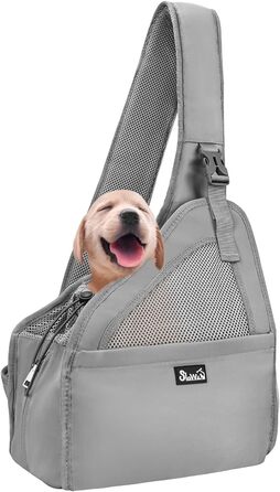Dog-friendly baby sling/wrap for dogs, hands-free travel bag for small pets with adjustable straps, hardboard base, safety belt, for dogs up to 2.8kg, wider version (L - For pets under 5.5kg), Grey