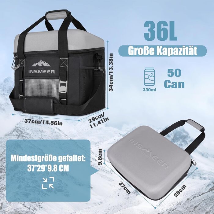 INSMEER Холодильна сумка велика 36L, 50 банок, складана, з жорстким EVA-кришкою, водонепроникна, ізольована сумка-холодильник для пікніка, кемпінгу, пляжу