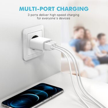 Мережевий адаптер Amoner з USB 3-портом, 15W x 2, для iPhone 14/13/12/11/X/8 та інших пристроїв